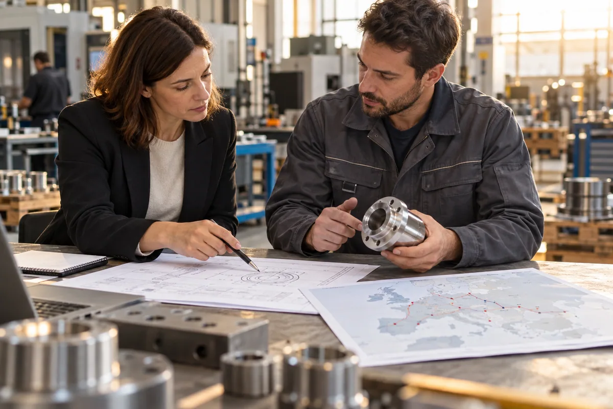 A procurement manager and engineer discuss a component and specification sheet at a manufacturer's workshop table