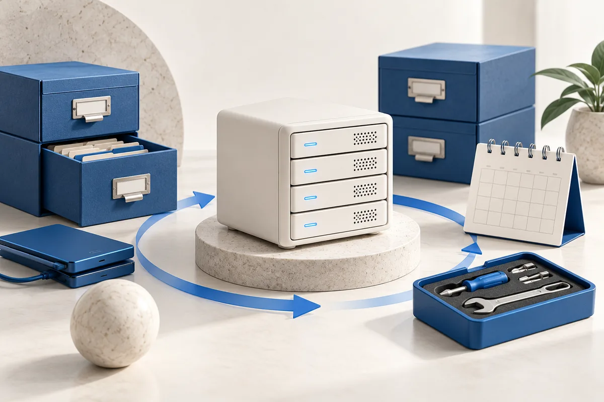 Server kecil, arsip backup, kalender kosong, dan alat perawatan biru yang menggambarkan maintenance website berkala
