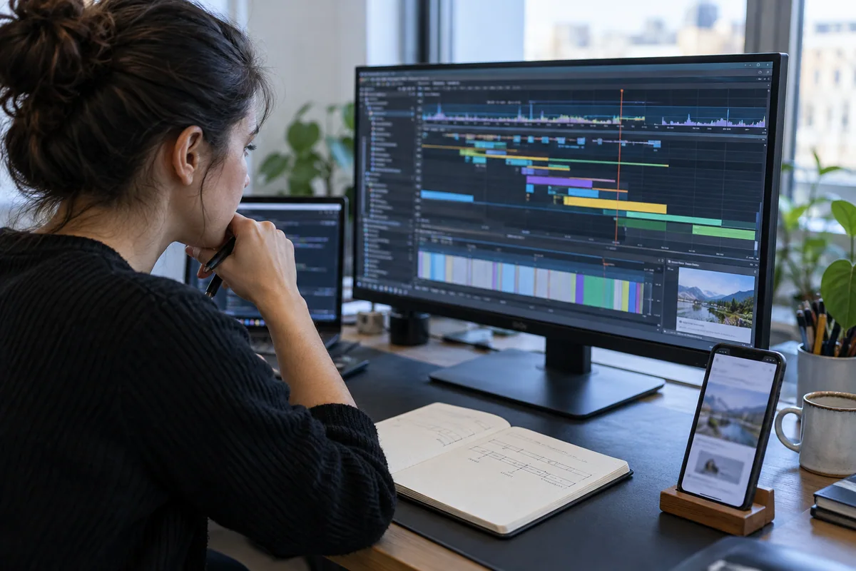 A web performance engineer reviews a timing trace with a notebook and mobile phone at a workstation