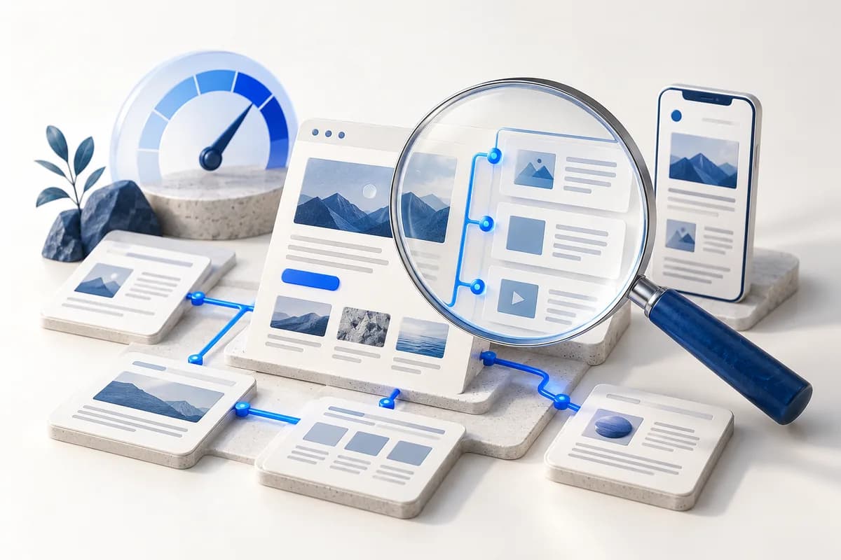 Kaca pembesar di atas panel website yang terhubung dengan halaman lain, perangkat mobile, dan indikator performa konseptual