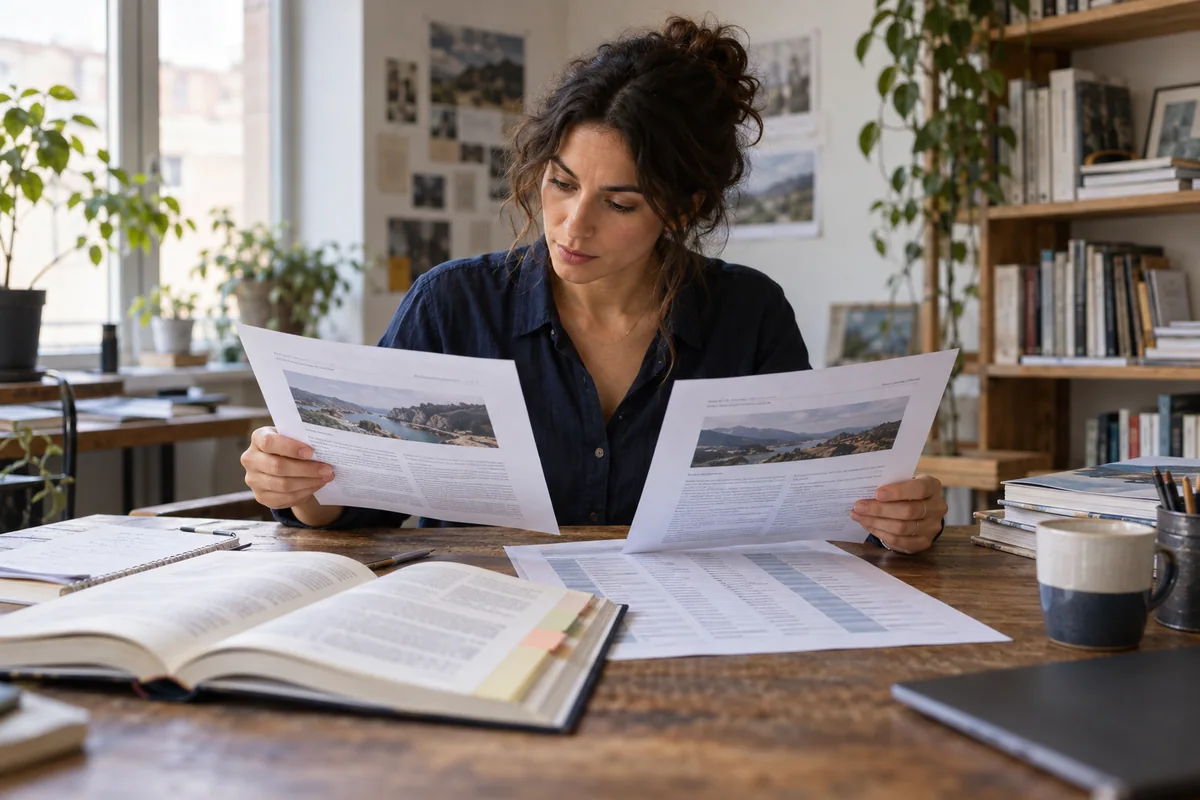 A bilingual editor compares aligned language drafts and a page-equivalence map on a desk