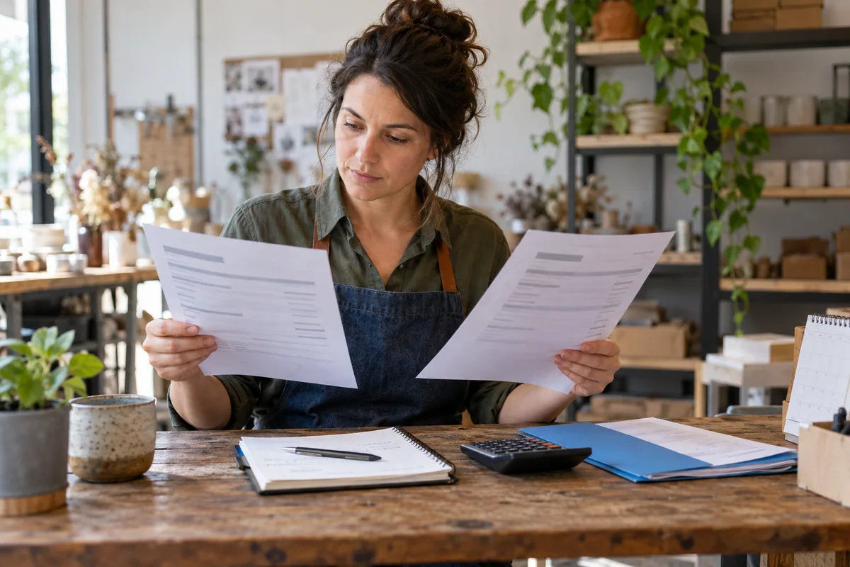 A small-business owner compares itemized website estimates with a calculator and notebook