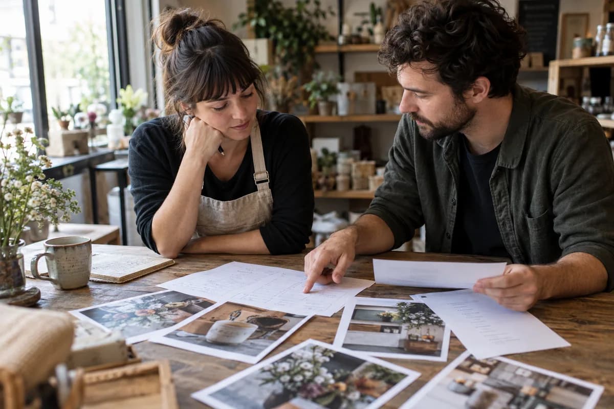 A small-business owner and web designer review printed page notes and product photos at a studio table