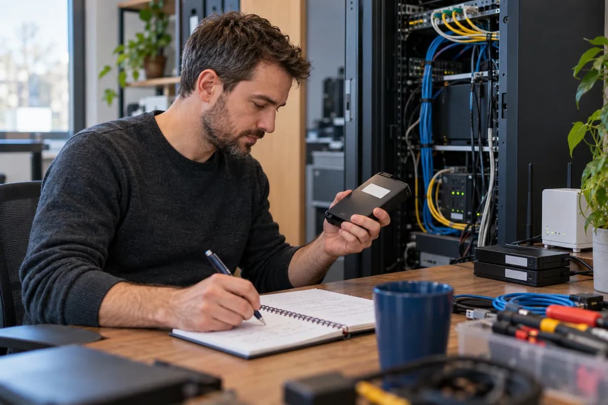 An IT technician checks a backup drive and maintenance log in a small office