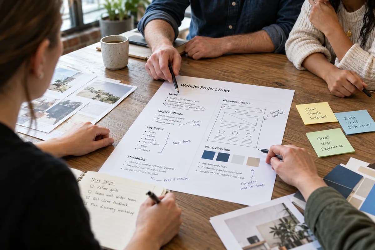 A small project team reviews a printed website brief, page sketch, and content notes at kickoff