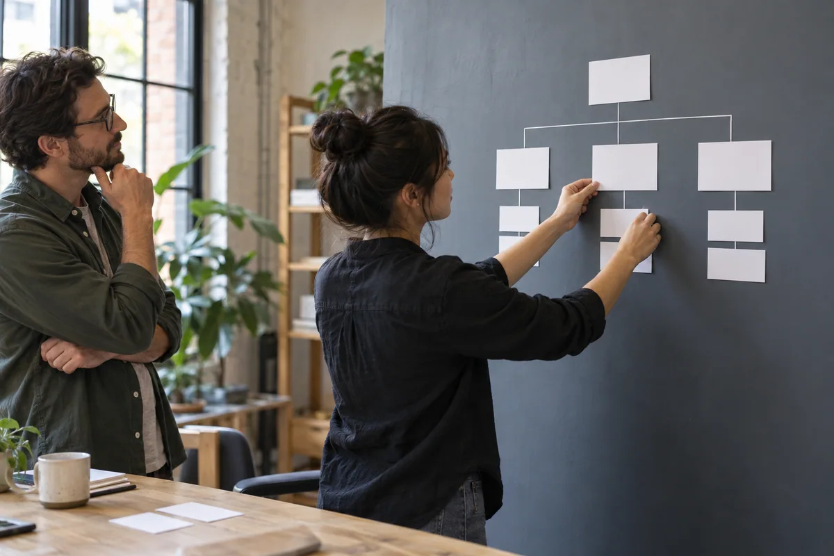 A product strategist organizes paper cards into a simple page hierarchy on a workshop wall