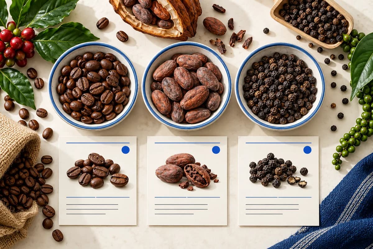 Tiga mangkuk kopi, kakao, dan lada dengan kartu spesifikasi katalog konseptual