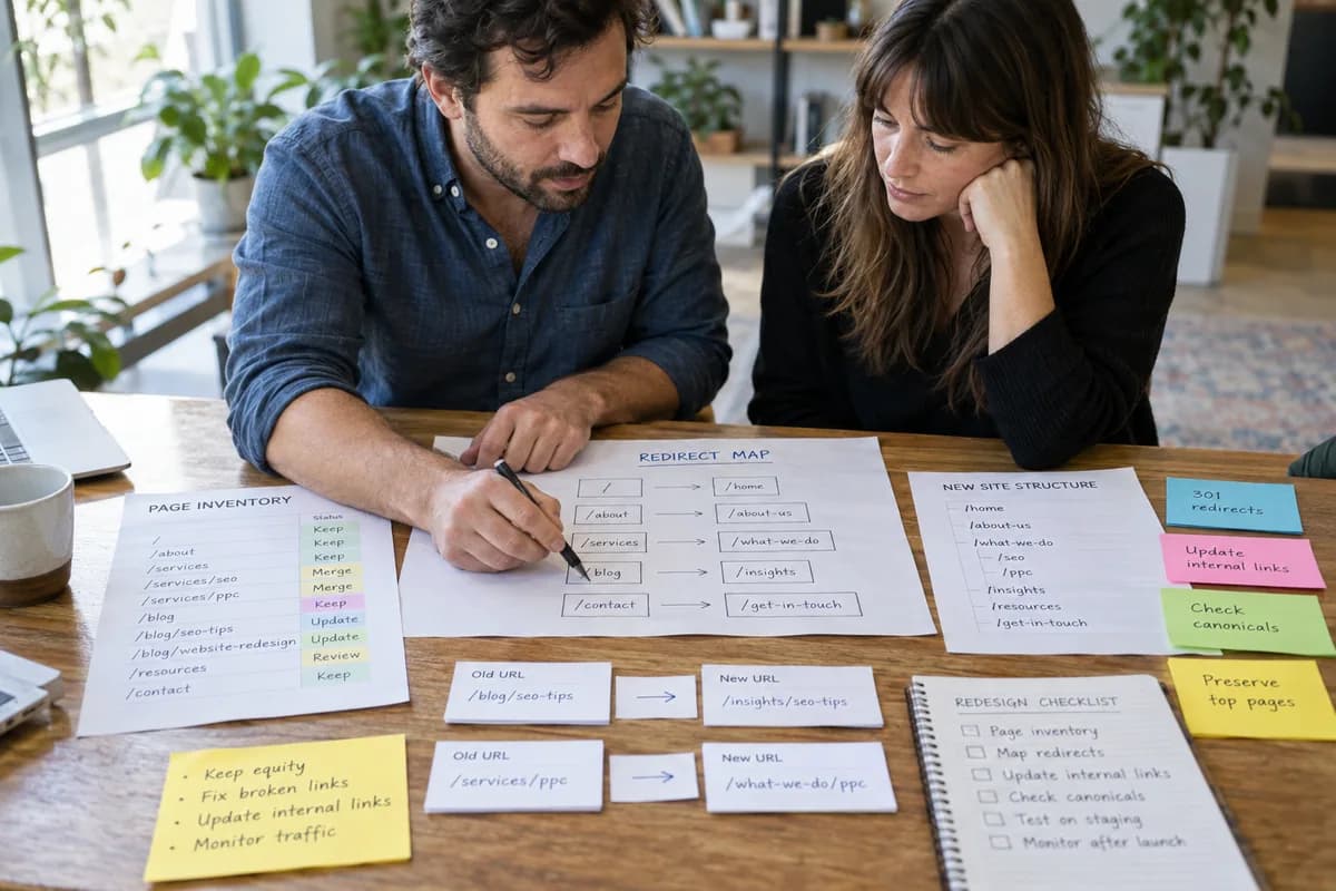 A consultant and business owner review a printed URL inventory and redirect map during a website redesign