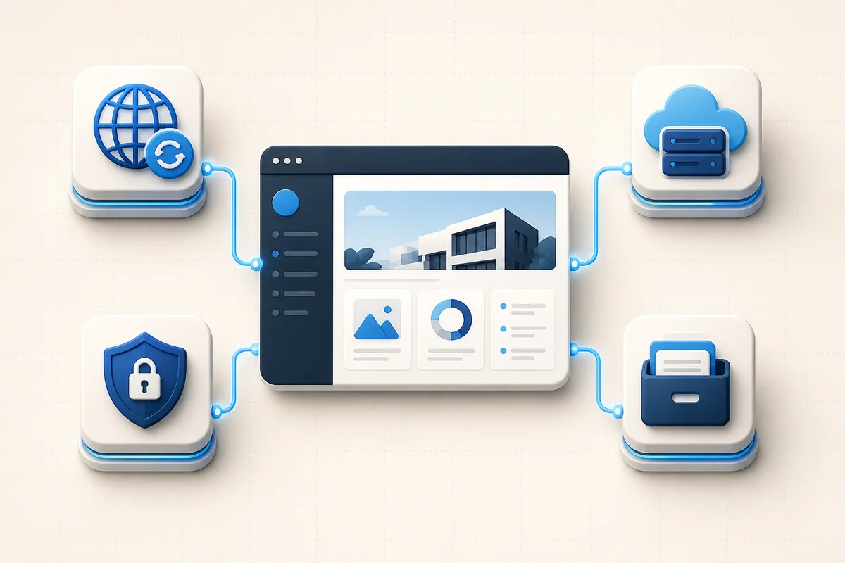 Ilustrasi sistem maintenance website yang menghubungkan domain, hosting, keamanan, dan backup