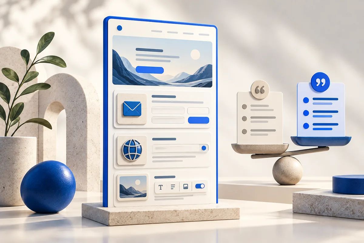 Panel landing page dengan modul kontak, domain, pengelolaan konten, dan kartu perbandingan penawaran