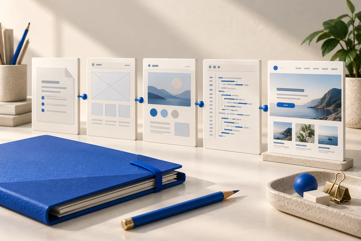 Urutan lima panel website dan folder proyek biru yang menggambarkan proses company profile dari brief sampai peluncuran