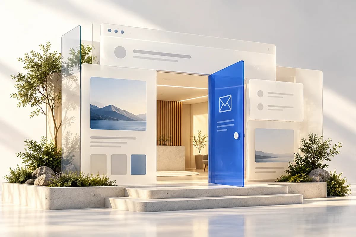 Pintu biru terbuka di antara panel informasi dan kontak yang menggambarkan company profile sebagai rumah digital perusahaan
