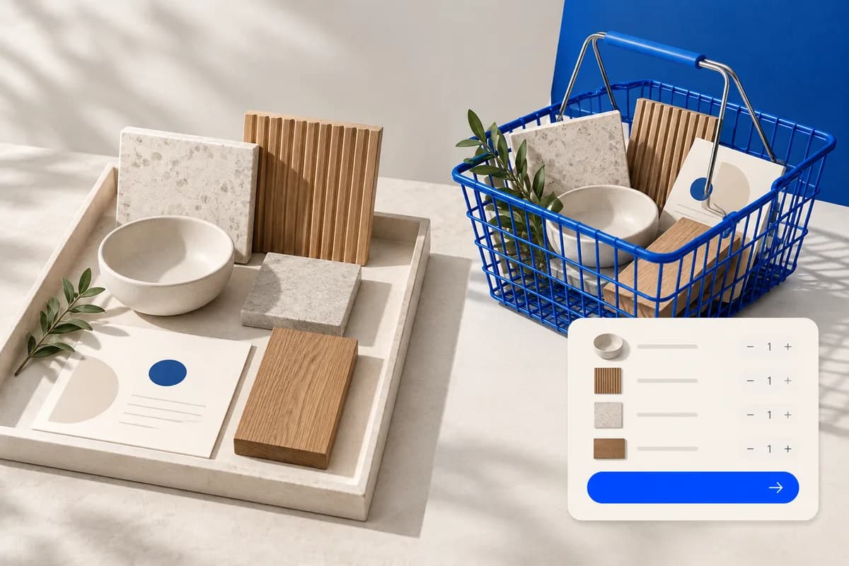 Baki sampel produk dan kartu spesifikasi dibandingkan dengan keranjang belanja serta panel checkout konseptual