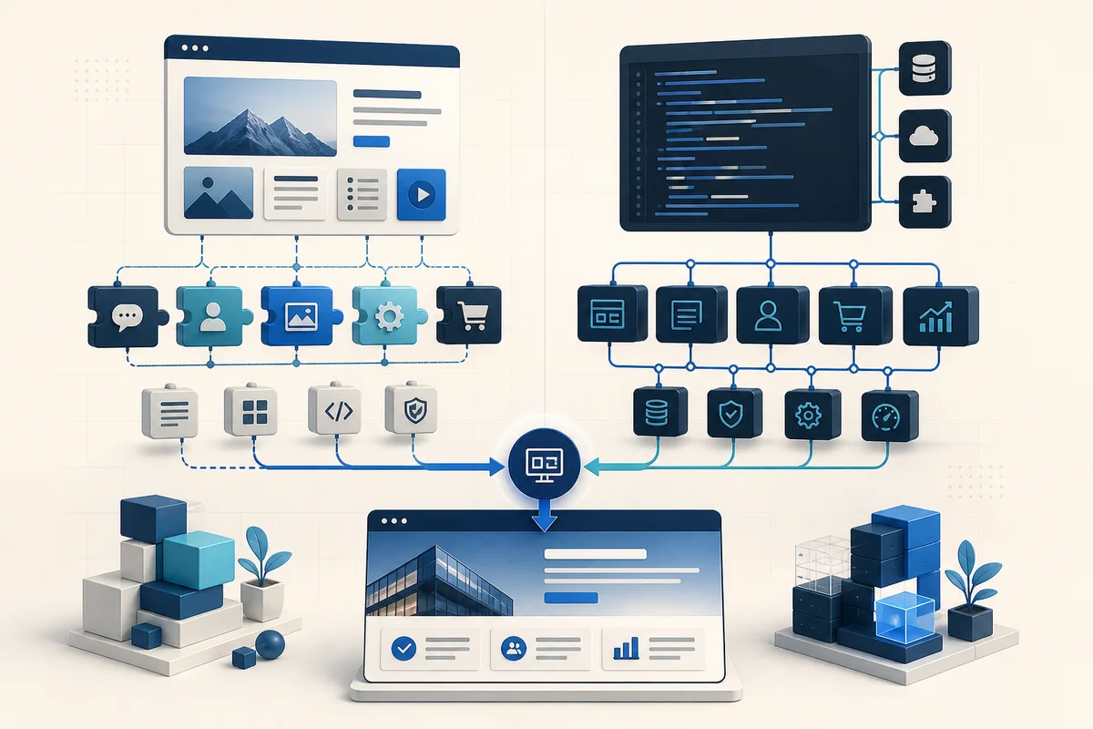 Ilustrasi perbandingan website modular dan website custom dengan arsitektur khusus